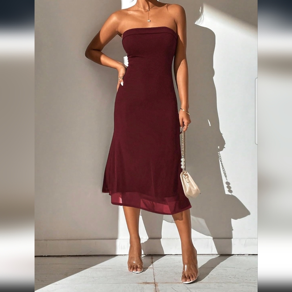 NWT Burgundy Strapless Midi Sheath Dress XXS - Picture 4 of 5
